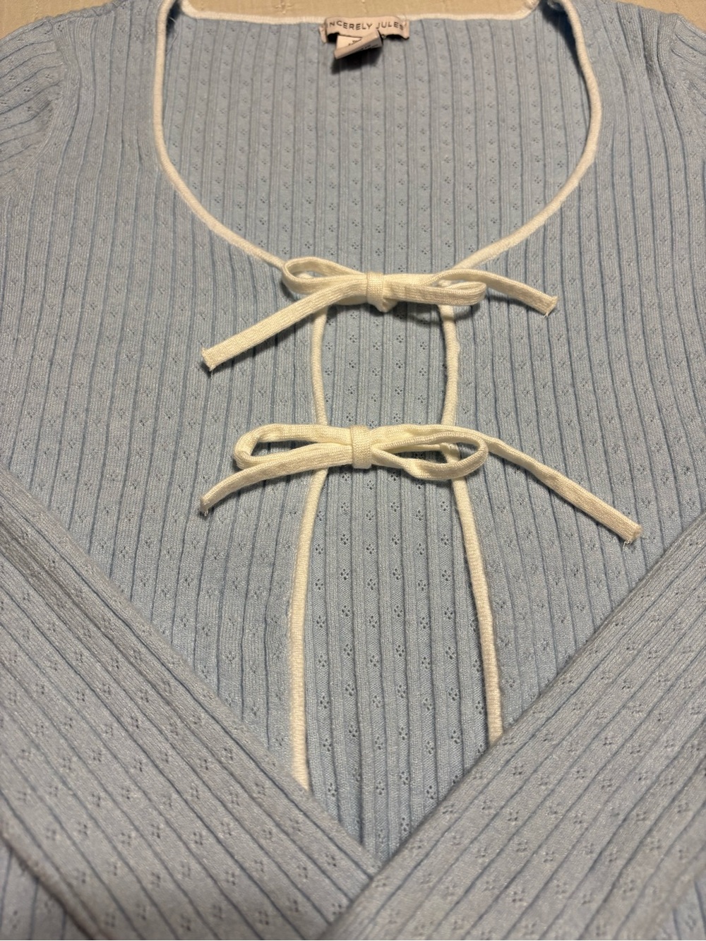 Sincerely Jules Light Blue Tie-Front Ribbed Sleep Top Sz/M - Picture 9 of 12